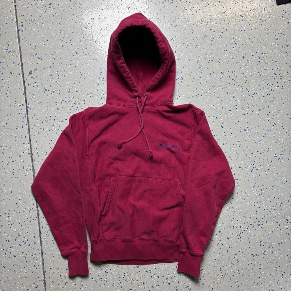 Champion Reverse Weave Hoodie Sweatshirt Size Small Red Pullover Logo VTG